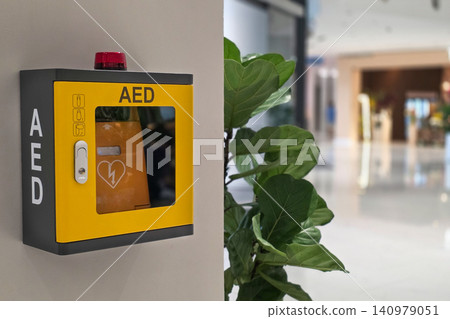 AED or Automated external defibrillator for first aid made available in public shopping center for emergency use AED or Automated external defibrillator for first aid made available in public shopping center for emergency use 140979051