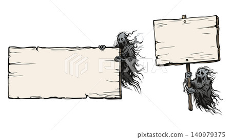 Set of ghosts holding blank wooden signboard isolated Set of ghosts holding blank wooden signboard isolated 140979375