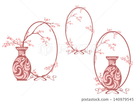 ceramic vase and sakura flower branches with elegant art nouveau style vector frame ceramic vase and sakura flower branches with elegant art nouveau style vector frame 140979545