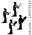 beautiful geisha woman dancing with hand fan black and white vector silhouette outline set 140979548