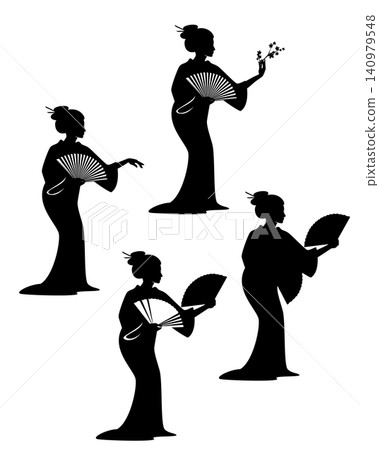 beautiful geisha woman dancing with hand fan black and white vector silhouette outline set beautiful geisha woman dancing with hand fan black and white vector silhouette outline set 140979548