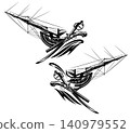 antique adventure on the sea black and white vector emblem with sail ship bow, pistol gun and sabre sword 140979552