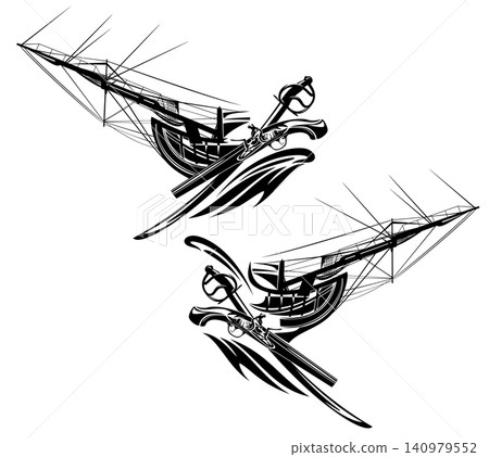 antique adventure on the sea black and white vector emblem with sail ship bow, pistol gun and sabre sword antique adventure on the sea black and white vector emblem with sail ship bow, pistol gun and sabre sword 140979552