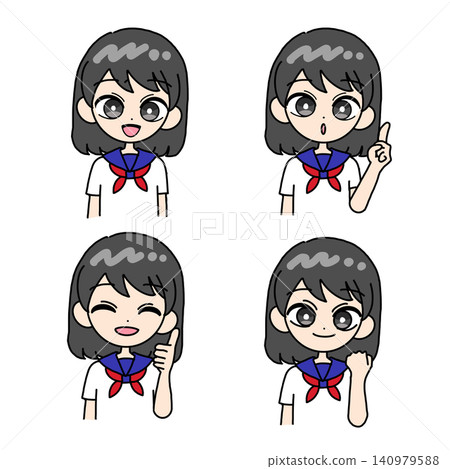 四組身穿水手服的女孩姿勢。 140979588