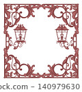 antique wrought iron frame with street light lamps forming vintage bronze border design 140979630