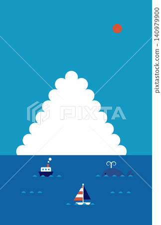 一張以積雨雲和夏日大海為主題的明信片;簡潔的夏日問候設計。 一張以積雨雲和夏日大海為主題的明信片;簡潔的夏日問候設計。 140979900