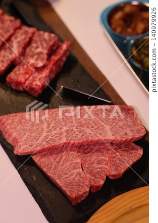 Premium Wagyu Beef Slices on Slate Tray 140979926