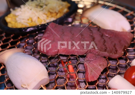 Grilled Beef and Mushrooms on Charcoal Grill 140979927