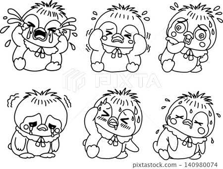 A set of cute penguin expressions (crying, panicking, confused, sweating, sobbing) - hand-drawn monochrome illustrations A set of cute penguin expressions (crying, panicking, confused, sweating, sobbing) - hand-drawn monochrome illustrations 140980074