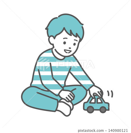 一幅男孩快樂地玩玩具車的插圖。 一幅男孩快樂地玩玩具車的插圖。 140980121