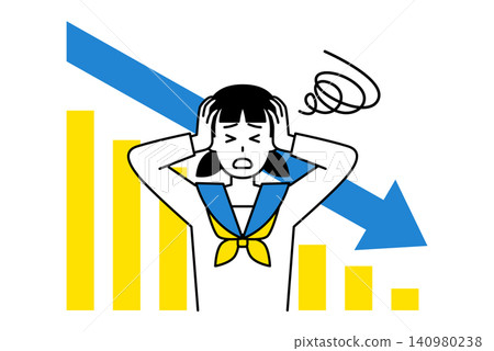 一名女學生對不斷下降的曲線圖感到困擾。 一名女學生對不斷下降的曲線圖感到困擾。 140980238