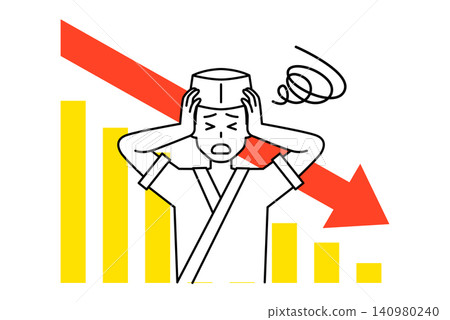 A male waiter at a Japanese restaurant looks troubled as the graph goes down. A male waiter at a Japanese restaurant looks troubled as the graph goes down. 140980240