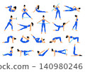 Woman fitness exercise set with resistance band for home workout, stretching, yoga and strength training. Flat vector collection isolated on white background for healthy lifestyle 140980246