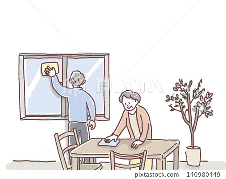 插圖描繪了一位老先生在擦窗戶,一位老太太在擦桌子。 插圖描繪了一位老先生在擦窗戶,一位老太太在擦桌子。 140980449