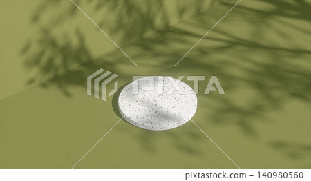 3D product podium with terrazzo stone and natural leaf shadow on olive green background. 140980560