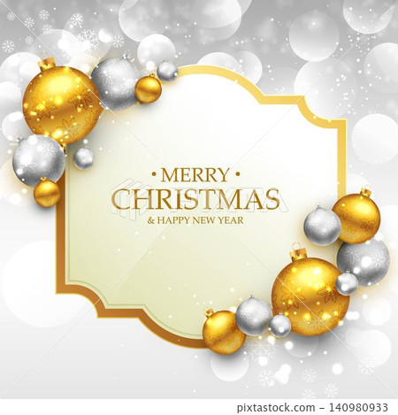 merry christmas greeting card template with gold and silver christmas balls 140980933