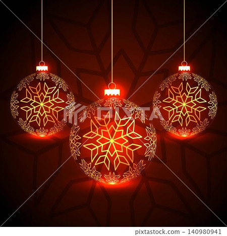 amazing christmas festival holiday greeting with three hanging golden balls amazing christmas festival holiday greeting with three hanging golden balls 140980941