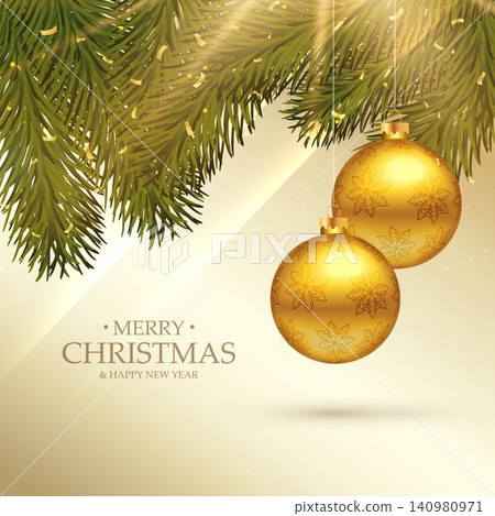 beautiful merry christmas festival greeting card with realistic balls and fir leafs 140980971