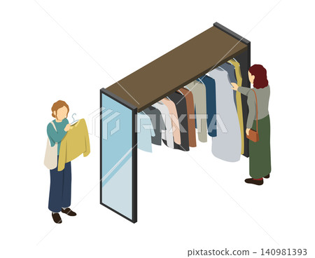Isometric illustration: Two women choosing clothes in a clothing store. 140981393