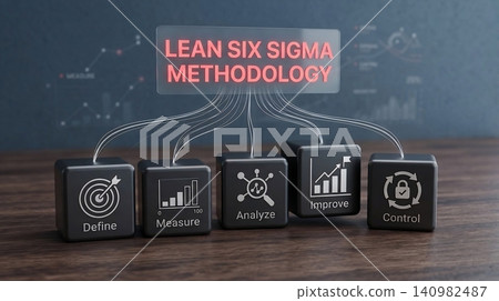 Lean six sigma methodology framework represented by interconnected cubes on a wooden table to illustrate business process optimization Lean six sigma methodology framework represented by interconnected cubes on a wooden table to illustrate business process optimization 140982487