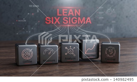 Lean six sigma business process optimization concept with five cube icons representing define measure analyze improve Lean six sigma business process optimization concept with five cube icons representing define measure analyze improve 140982495