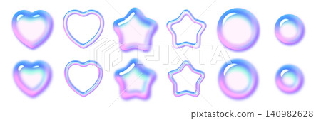 A set of variations in bubble-like, three-dimensional geometric shapes, featuring holographic, pop-art design parts. A set of variations in bubble-like, three-dimensional geometric shapes, featuring holographic, pop-art design parts. 140982628