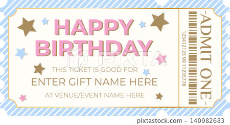 Delightful printable birthday admission ticket featuring soft blue stripes, golden star accents, and customizable fields for event details, perfect for creating unique surprise party invitations or th Delightful printable birthday admission ticket featuring soft blue stripes, golden star accents, and customizable fields for event details, perfect for creating unique surprise party invitations or th 140982683