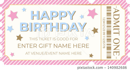 Elegant entry pass for celebrations with soft pink striped background, golden trim and star decor, featuring convenient fields for data, perfect for creating exclusive invitations for special festive Elegant entry pass for celebrations with soft pink striped background, golden trim and star decor, featuring convenient fields for data, perfect for creating exclusive invitations for special festive 140982686