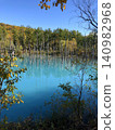 A mysterious pond shimmering blue and withered trees standing tall: an autumnal natural landscape. 140982968
