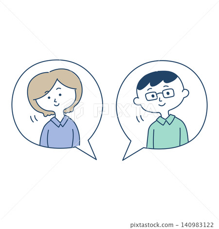 一組聊天圖標,圖案為一男一女微笑地交談。 一組聊天圖標,圖案為一男一女微笑地交談。 140983122