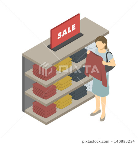 Isometric illustration: A woman choosing sale clothes at a clothing store. Isometric illustration: A woman choosing sale clothes at a clothing store. 140983254