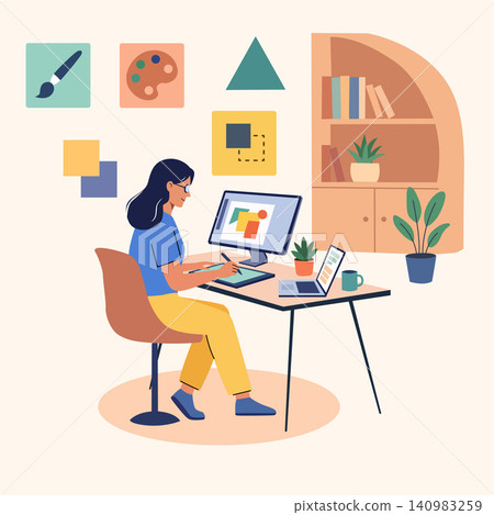 Flat design female graphic designer working at computer in a bright modern home office workspace Flat design female graphic designer working at computer in a bright modern home office workspace 140983259