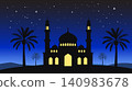 Ramadan background with silhouette of mosque, date palm tree and stars at night 140983678
