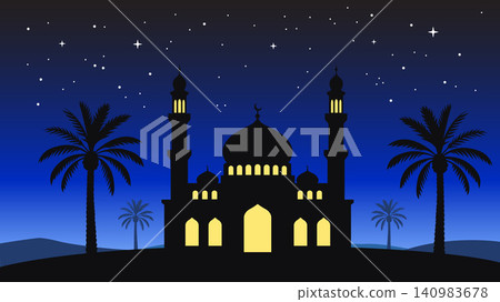 Ramadan background with silhouette of mosque, date palm tree and stars at night 140983678