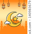 Banner, poster, greeting card Ramadan with crescent moon, star, lanterns and orange silhouetted mosque skyline 140983679