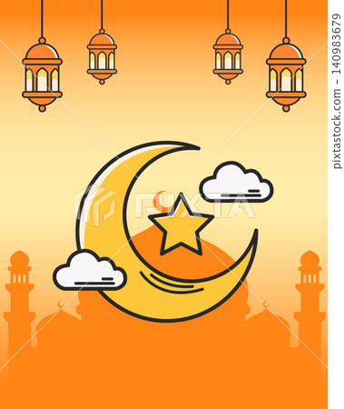 Banner, poster, greeting card Ramadan with crescent moon, star, lanterns and orange silhouetted mosque skyline Banner, poster, greeting card Ramadan with crescent moon, star, lanterns and orange silhouetted mosque skyline 140983679