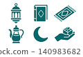 Ramadan and Eid Islamic icons set featuring crescent moon, lantern, Quran, prayer rug, dates and tea Pot 140983682