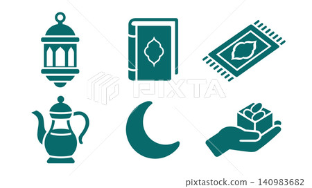 Ramadan and Eid Islamic icons set featuring crescent moon, lantern, Quran, prayer rug, dates and tea Pot Ramadan and Eid Islamic icons set featuring crescent moon, lantern, Quran, prayer rug, dates and tea Pot 140983682