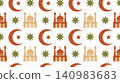 Patterned Islamic motifs with crescent moon, star, and mosque domes in warm earth tones 140983683
