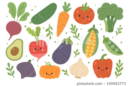 Vector cartoon isolated with food illustration set for icon vegetable design. Cute healthy tomato with vector happy pumpkin for flat baby corn. Background potato vector with garden food diet 140983773
