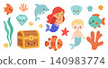 Vector sea cartoon with set cute illustration for ocean fish underwater. Design water isolated with vector baby background for coral summer marine. Animal mermaid vector with character set 140983774