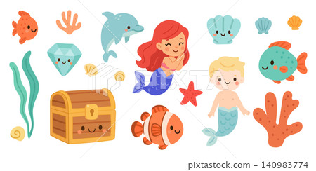 Vector sea cartoon with set cute illustration for ocean fish underwater. Design water isolated with vector baby background for coral summer marine. Animal mermaid vector with character set Vector sea cartoon with set cute illustration for ocean fish underwater. Design water isolated with vector baby background for coral summer marine. Animal mermaid vector with character set 140983774