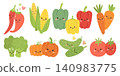 Vector cartoon isolated and food illustration set with icon vegetable design. Cute healthy tomato and vector happy pumpkin with flat baby cartoon. Background vector character and garden food 140983775