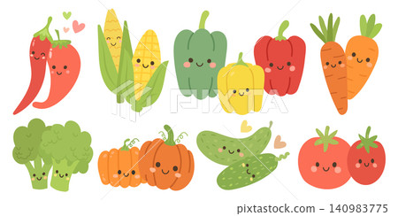 Vector cartoon isolated and food illustration set with icon vegetable design. Cute healthy tomato and vector happy pumpkin with flat baby cartoon. Background vector character and garden food 140983775