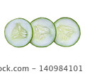 Three thin slices of fresh organic cucumber showcase natural freshness, healthy eating, and clean ingredients on a simple background on  white background. 140984101