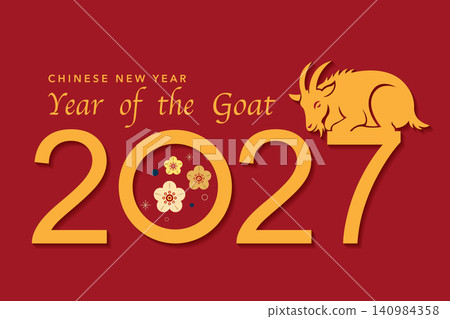 Year of the Goat zodiac, 2027 Happy Chinese New Year, Lunar Celebration. Festive banner template. Traditional Holiday logo design, vector illustration isolated on red background Year of the Goat zodiac, 2027 Happy Chinese New Year, Lunar Celebration. Festive banner template. Traditional Holiday logo design, vector illustration isolated on red background 140984358