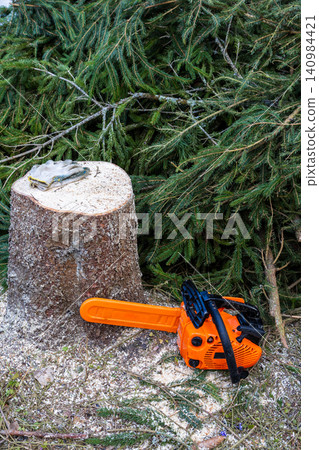 orange chainsaw and stump of fir tree orange chainsaw and stump of fir tree 140984421