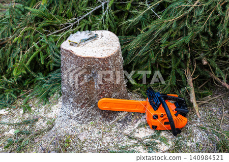 orange chainsaw next to stump of cut fir tree orange chainsaw next to stump of cut fir tree 140984521