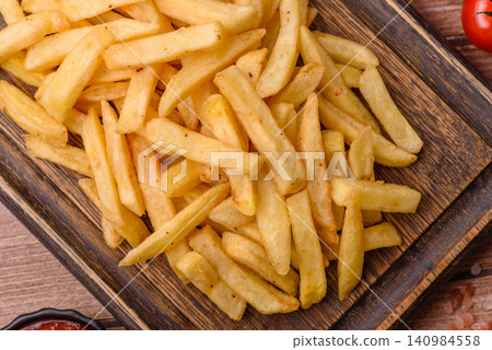 Golden French fries fried with salt and spices, unhealthy takeaway food. French fries Golden French fries fried with salt and spices, unhealthy takeaway food. French fries 140984558