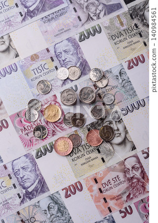 Czech paper money, koruna or crown, in various denominations for financial exchange. Czech koruna Czech paper money, koruna or crown, in various denominations for financial exchange. Czech koruna 140984561